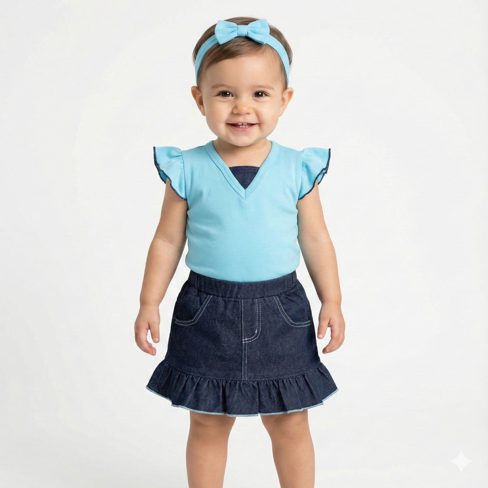 Baby Girl 2-Piece Outfit Set - 100% Combed Cotton Pink Ruffle Top & Denim Skirt - Summer Dress for Infants & Toddlers