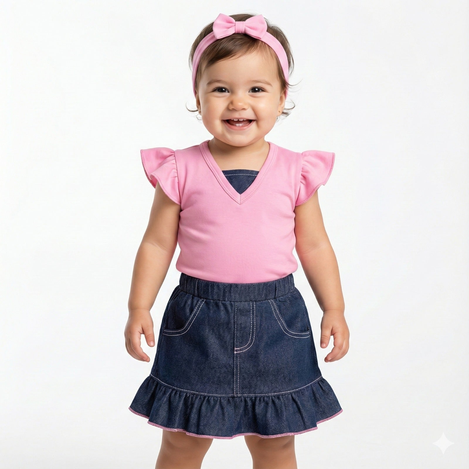Baby Girl 2-Piece Outfit Set - 100% Combed Cotton Pink Ruffle Top & Denim Skirt - Summer Dress for Infants & Toddlers