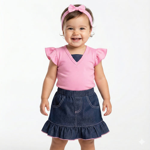 Baby Girl 2-Piece Outfit Set - 100% Combed Cotton Pink Ruffle Top & Denim Skirt - Summer Dress for Infants & Toddlers