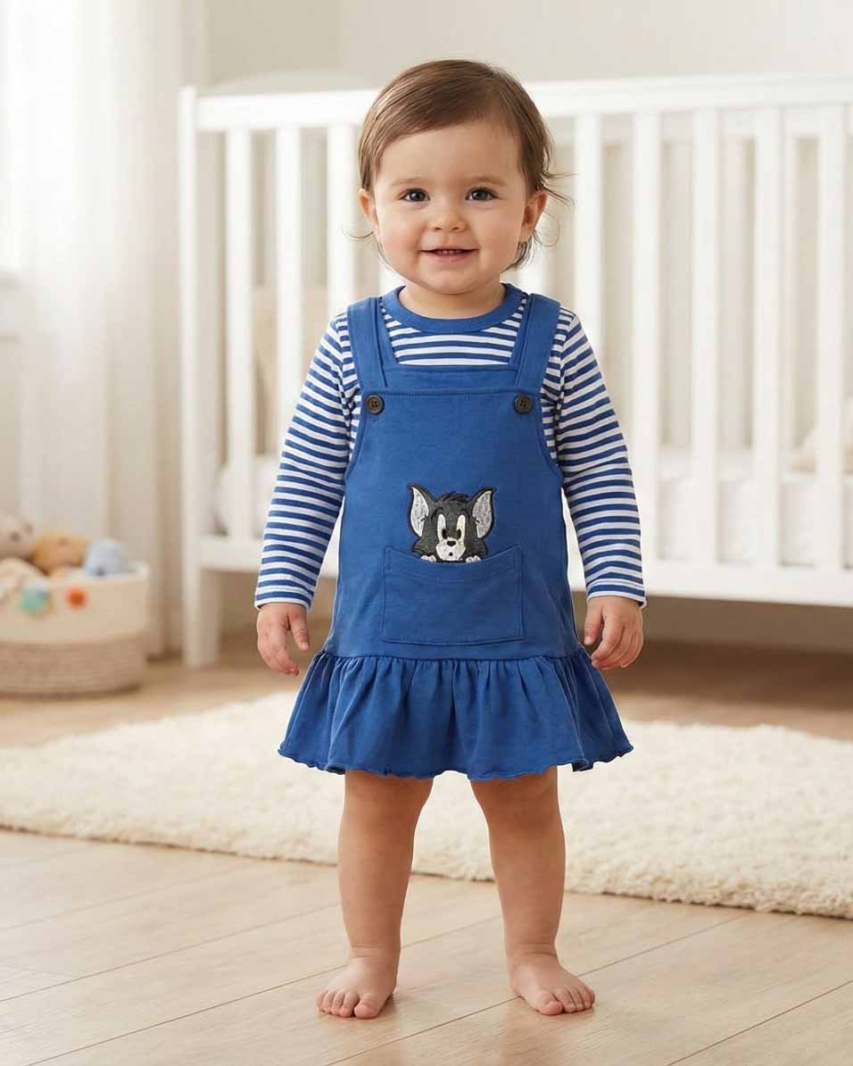 Baby Girl Western Style Frock Dress - 100% Combed Cotton with Belt - Casual Dress for Infants & Toddlers