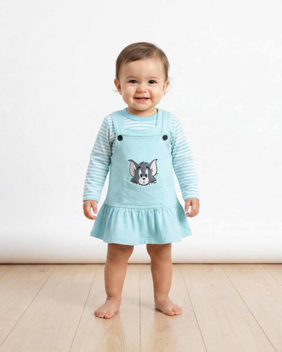 Baby Girl Western Style Frock Dress - 100% Combed Cotton with Belt - Casual Dress for Infants & Toddlers