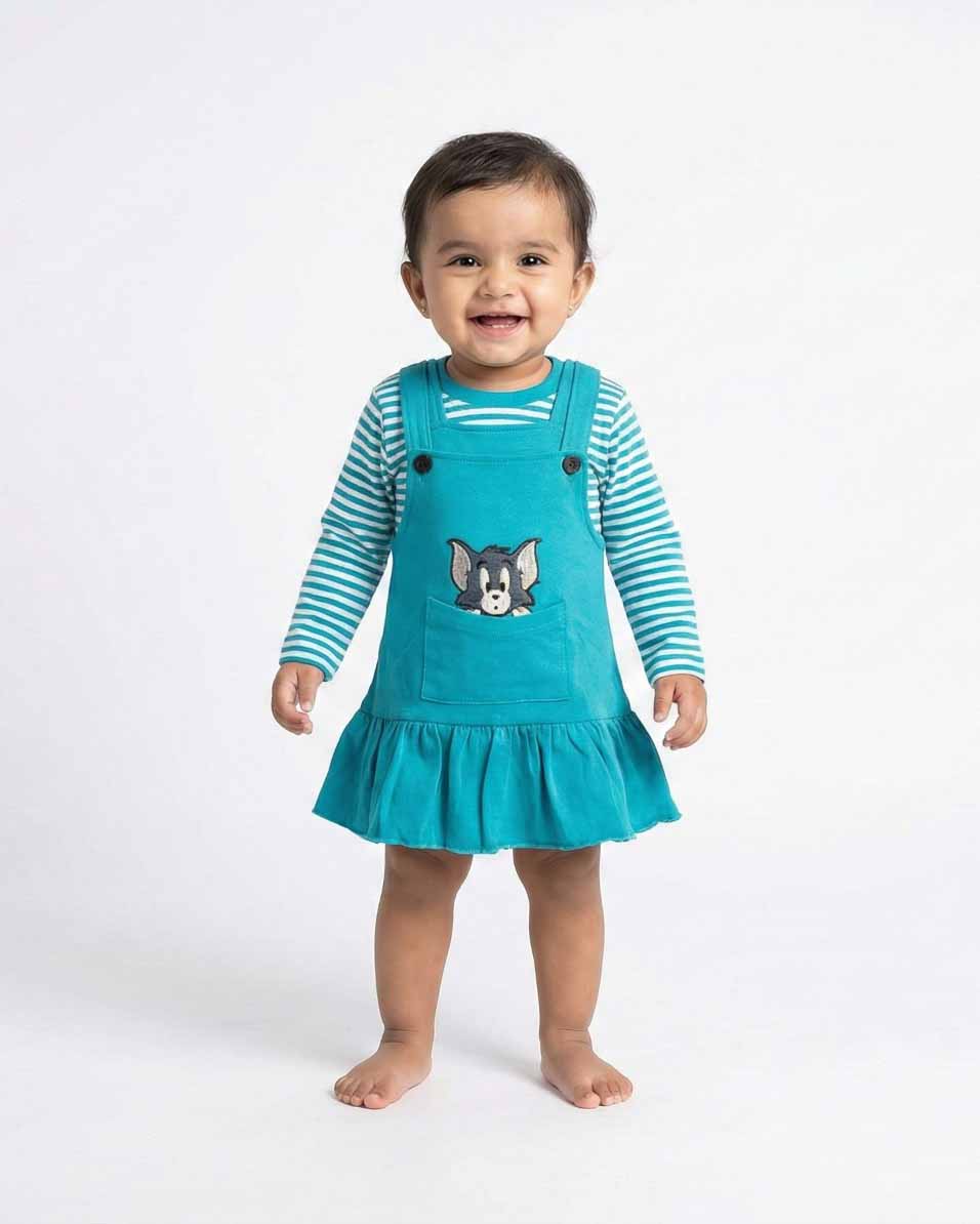 Baby Girl Western Style Frock Dress - 100% Combed Cotton with Belt - Casual Dress for Infants & Toddlers