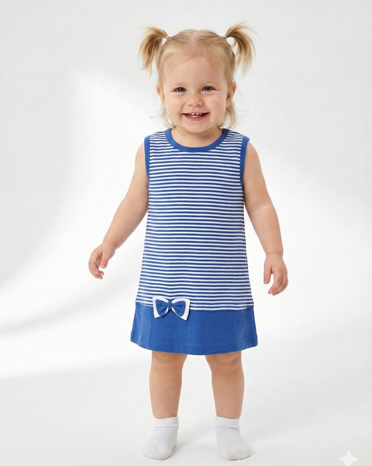 Baby Girl A-Line Dress with Bow - 100% Combed Cotton - Sleeveless Knee-Length Dress for Infants & Toddlers